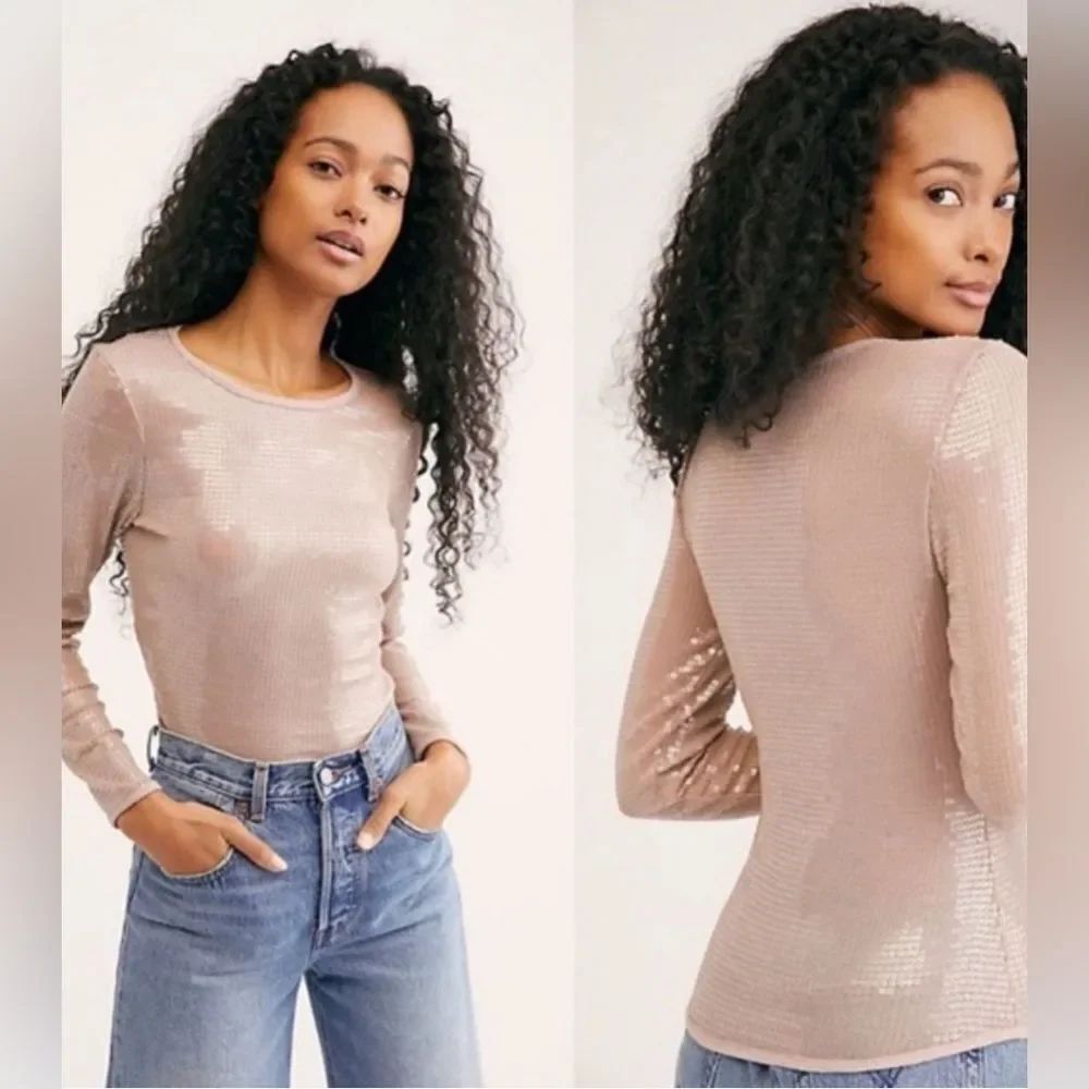 Free People Womens Diamond Eye Sequined Nude Shirt